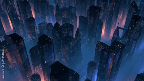 Drone view of a futuristic city at night. 3D illustration of a future civilization on another planet.