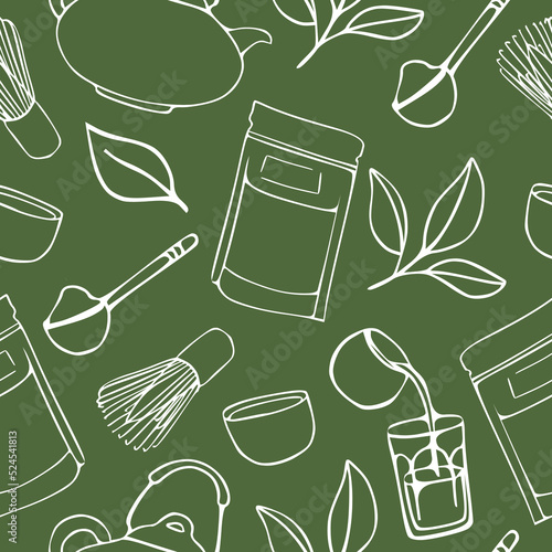 Seamless pattern with various tea products made from matcha. Matcha powder, whisk, bamboo spoon, teapot, drink, tea, tea leaves, chocolate. Hand drawn vector set. Colored trendy illustration line art