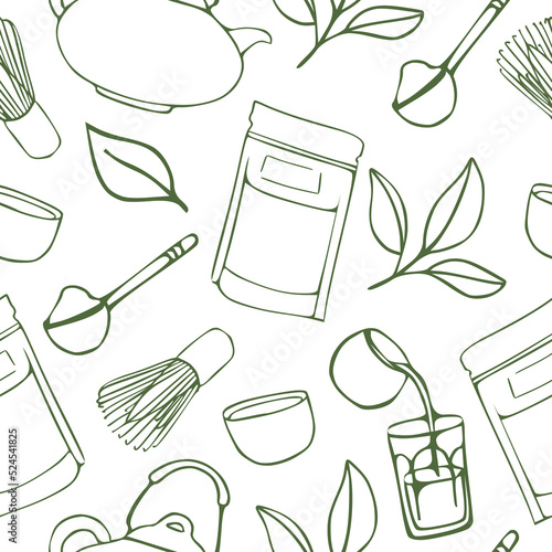 Seamless pattern with various tea products made from matcha. Matcha powder, whisk, bamboo spoon, teapot, drink, tea, tea leaves, chocolate. Hand drawn vector set. Colored trendy illustration line art