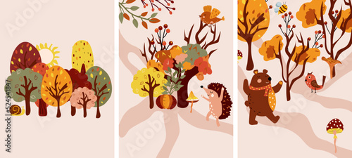 Autumn composition with colorful trees  a happy hedgehog  cute bear  autumn leaves and mushrooms. Perfect for your greeting cards  poster  postcard. Vector illustration. 