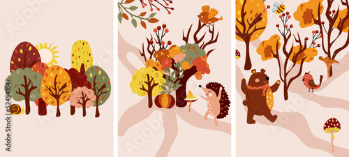 Autumn composition with colorful trees, a happy hedgehog, cute bear, autumn leaves and mushrooms. Perfect for your greeting cards, poster, postcard. Vector illustration. 