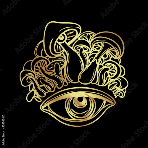 Magic mushrooms. Psychedelic hallucination. Gold vector illustration isolated on black. 60s hippie art. Coloring book for kids and adults.