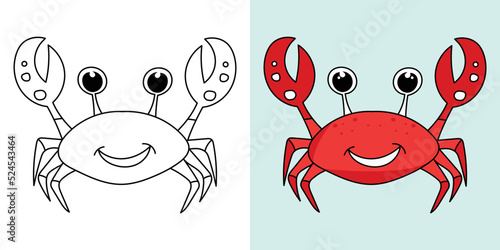 Hand-drawn outline sea animals crab illustration Seafood Beach cartoon character vector coloring page for kids