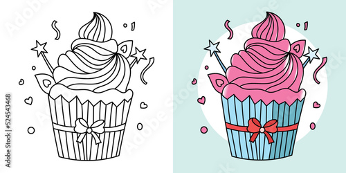 Hand-drawn outline Unicorn cupcake illustration cartoon character vector coloring page for kids And Girls