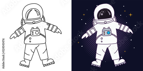 Hand-drawn outline space astronaut illustration cartoon character vector coloring page for kids