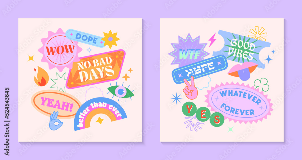 Vector set of cute funny templates with patches and stickers in 90s style.Modern symbols in y2k aesthetic with text.Trendy kidcore designs for banners,social media marketing,branding,packaging,covers Vector set of cute funny templates with patches and stickers in 90s style.Modern symbols in y2k aesthetic with text.Trendy kidcore designs for banners,social media marketing,branding,packaging,covers