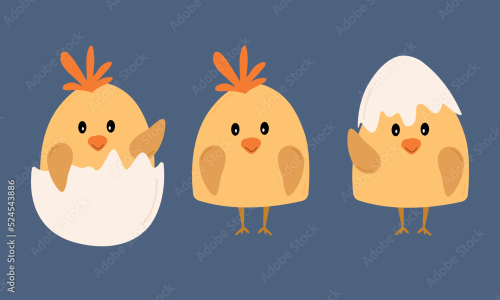 Set of hand drawn cute cartoon chicks and eggshells flat style, vector illustration isolated on blue background. Smiling little birds waving, design element for kids