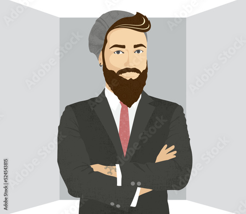 A hipster man in a business suit with his arms crossed, with patterns and textures
