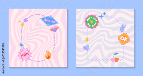 Vector set of funny templates with frames,patches,stickers in 90s style.Modern symbols in y2k aesthetic with text.Trendy groovy designs for banners,social media marketing,branding,packaging,covers
