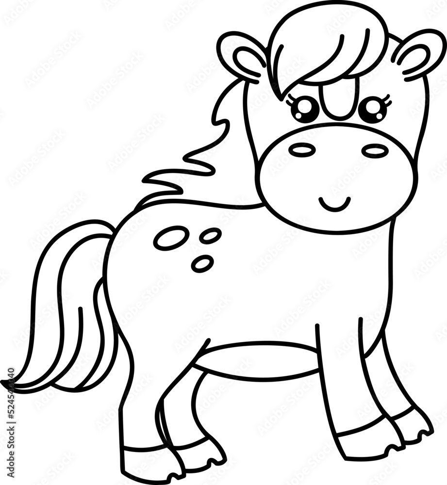 Naklejka premium Cute kawaii horse. Farm animal, flat design. Hand draw linear illustration. Vector on isolated background. For printing on paper and fabric, children's illustration