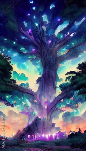 Fotografija A fabulous watercolor ancient illustration of a tree of life with a bright aura
