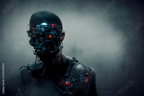 Portrait of scary and ugly but stylish dystopian cyber augmented man, neural network generated art. Digitally generated image. Not based on any actual scene or pattern. photo