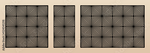 Laser cut panel set. Vector template with abstract geometric pattern, lines, stripes, squares. Optical illusion effect. Decorative stencil for laser cutting of wood, metal. Aspect ratio 1:1, 1:2, 3:2