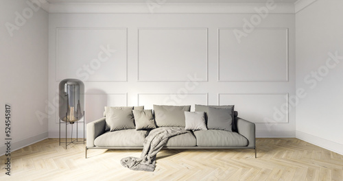 Wnętrze, pokój z białymi ścianami i ozdobnymi sztukateriami. Dębowa klasyczna podłoga. 3d rendering