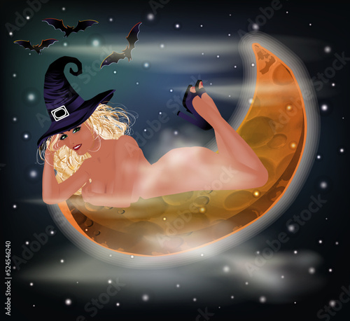 Happy Halloween card, sexual  witch and moon. vector illustration