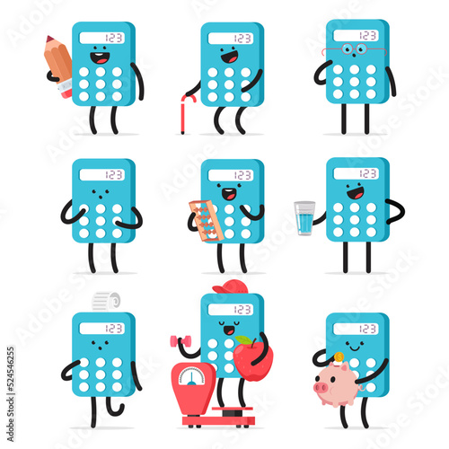 Cute calculator vector cartoon characters set isolated on a white background.