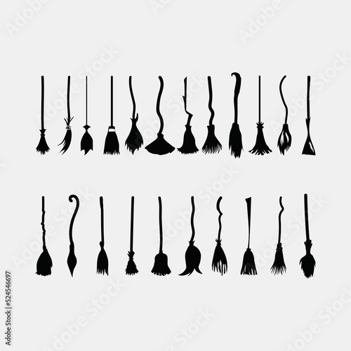 Different witch broomstick set isolated on white background. Halloween Vector decorative elements.