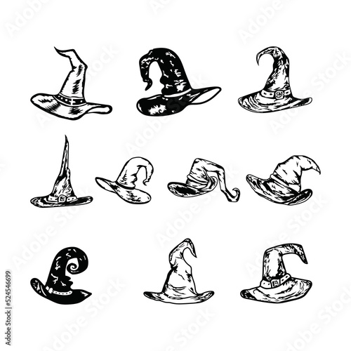 Different witch hat vector set Halloween elements isolated on white background.