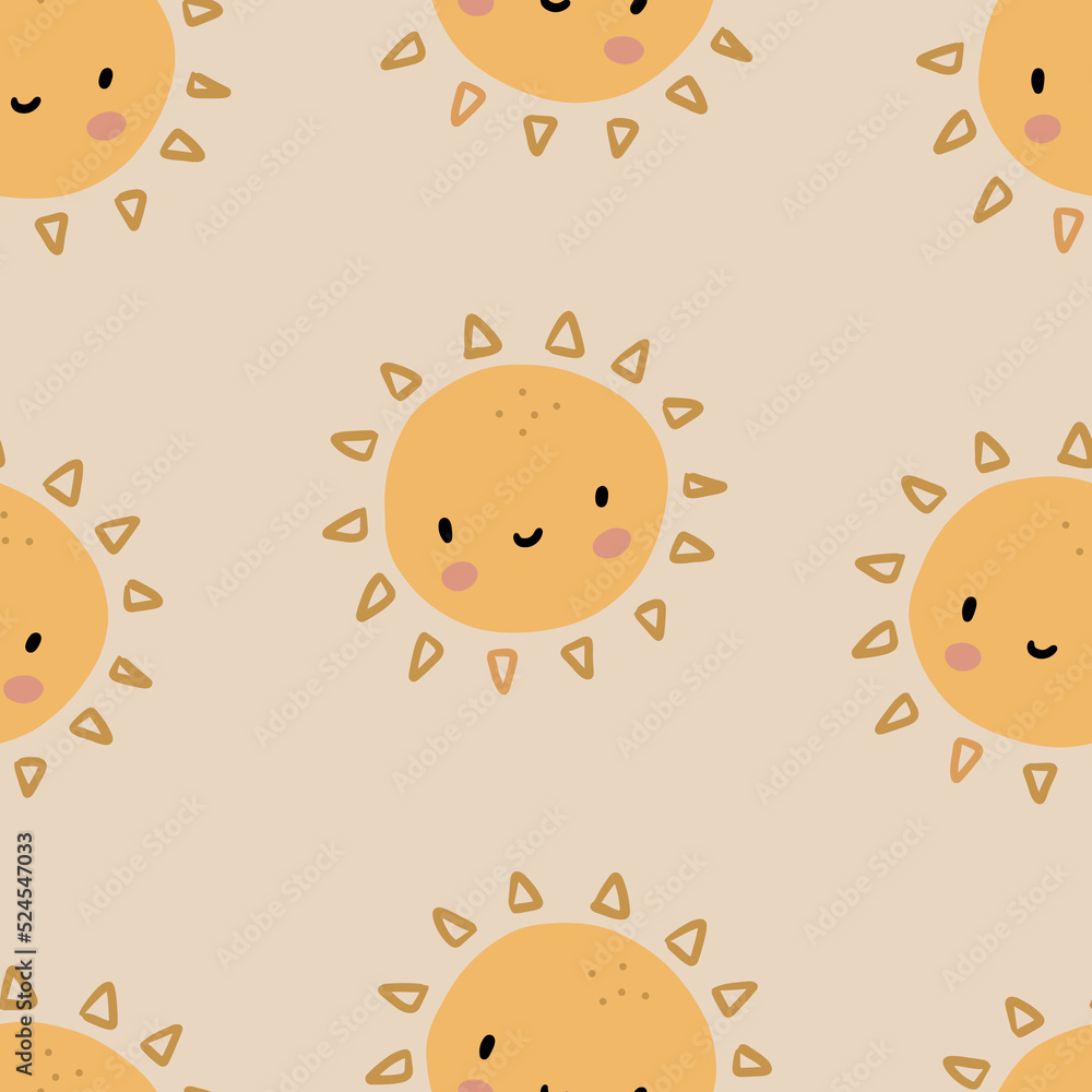 Cute seamless pattern of sun icons. Funny happy smiley suns. Bright and beautiful cartoon background. Cute seamless pattern of sun icons. Funny happy smiley suns. Bright and beautiful cartoon background.