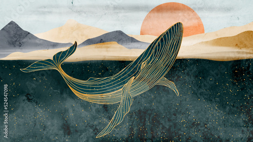 Luxury art background with mountains and whale in watercolor line style in gold and blue colors. Modern style hand drawn ink print for wallpaper design, banner, creative wall, decor, textile.