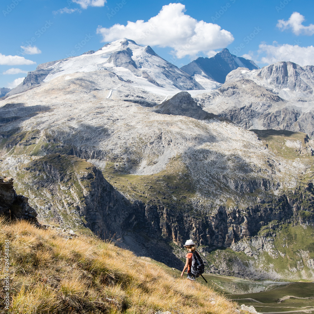 Randonnée entre la tovière et le col de Fresse sur un sentier aérien avec vue sur la Grande Motte qui est un sommet du massif de la Vanoise situé à l'extrémité de la vallée de Tignes, en Savoie. 