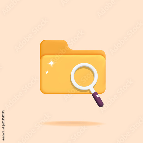 3d vector yellow file folder with search glass icon design concept. File storage and document data management idea illustration. searching for file, document, information online and on pc. 
