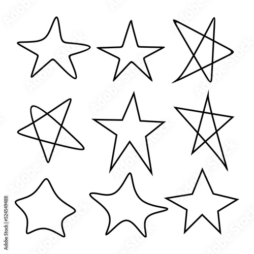 Set of black hand drawn doodle stars isolated on white background.