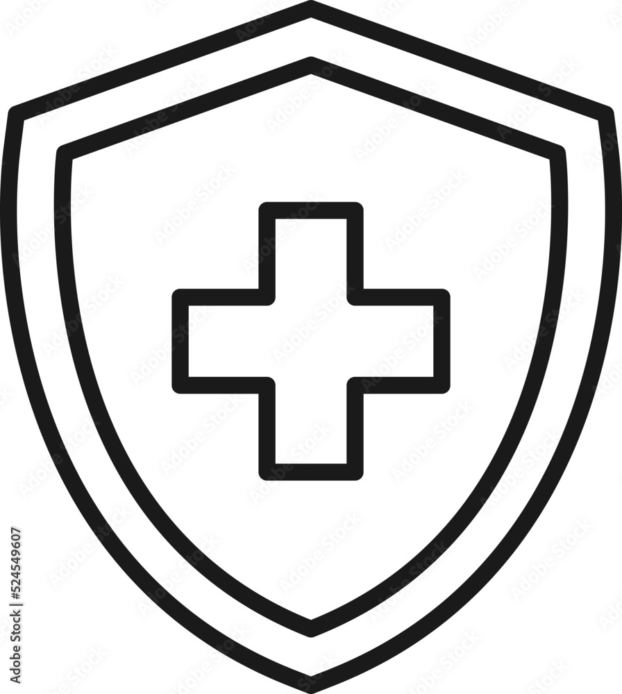 Shield, armor, protection sign. Minimalistic vector symbol drawn with black thin line. Suitable for adverts, stores, shops, books. Line icon of medical cross inside of armor or shield Shield, armor, protection sign. Minimalistic vector symbol drawn with black thin line. Suitable for adverts, stores, shops, books. Line icon of medical cross inside of armor or shield