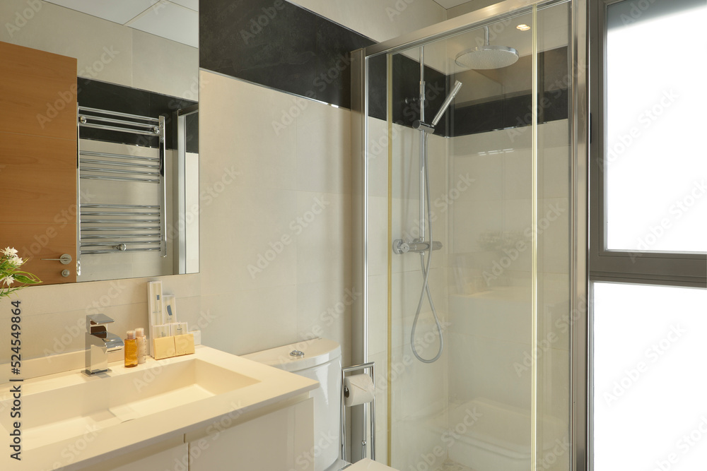 Obraz premium Washroom with simple decoration with clear lines, white resin sink, frameless mirror and glass door shower stall