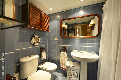 Bathroom with marine accessories  mirror with reddish wood frame and blue tiles with white border