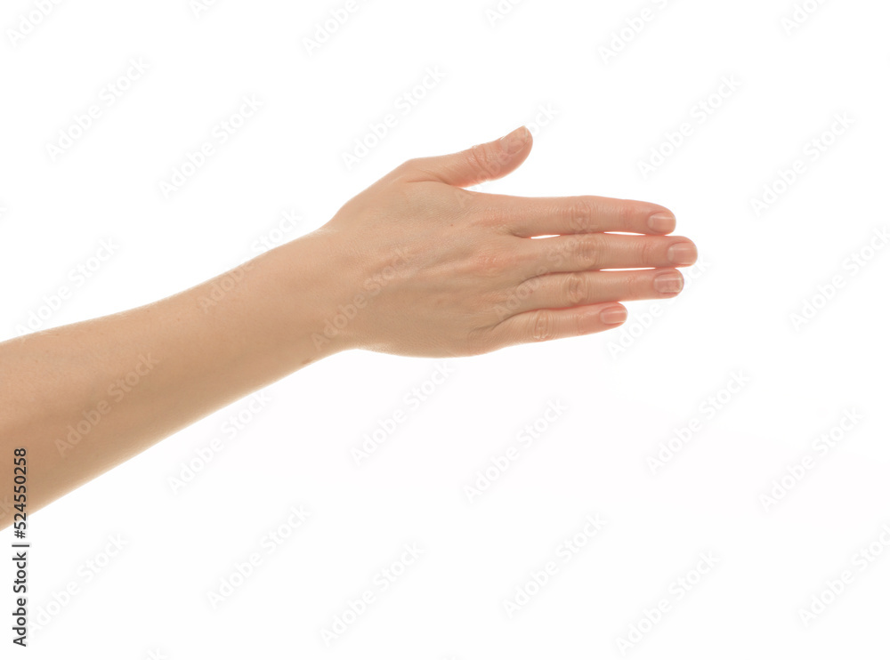 female hand shows gestures on a white background isolated.number direction fist approval