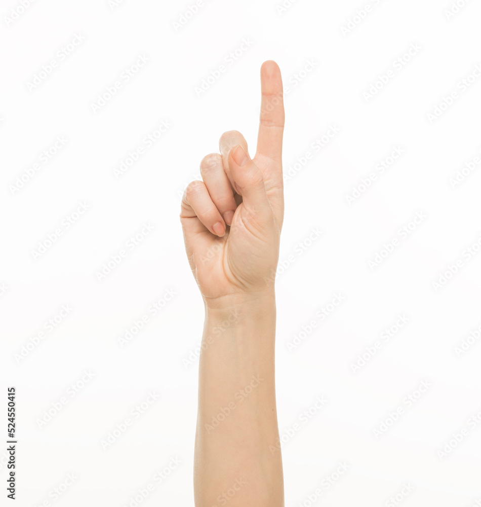 female hand shows gestures on a white background isolated.number direction fist approval female hand shows gestures on a white background isolated.number direction fist approval