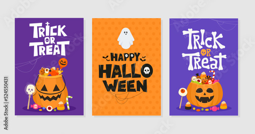 Set of Happy Halloween and Trick or Treat greeting cards. Celebration party invitations or poster designs. Vector illustration. photo