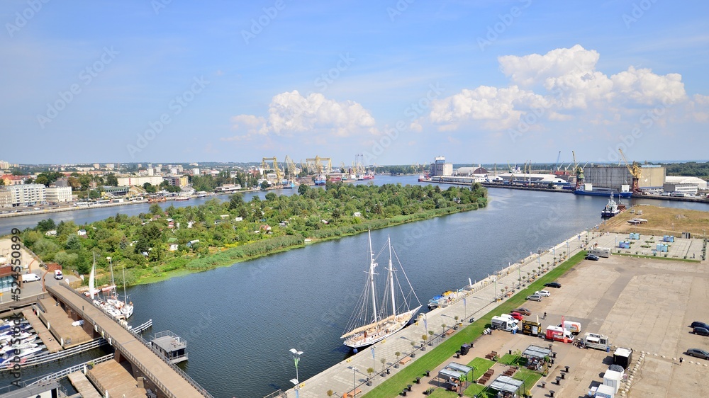 Aerial view on  city,  port and river bank  - obrazy, fototapety, plakaty 