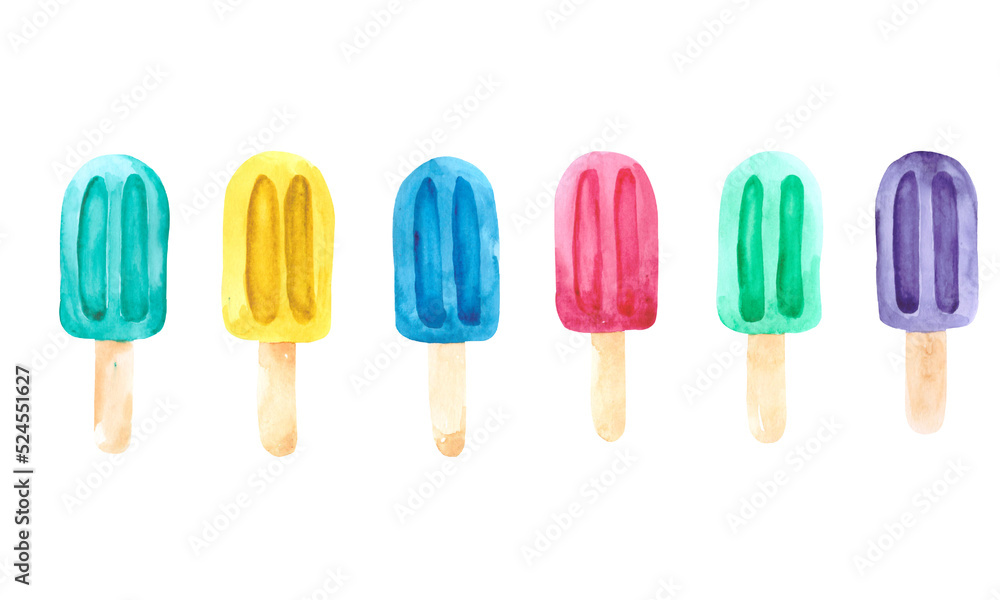 Collection of fruit ice cream on a stick, on a white background. Watercolor drawing for decorating postcards, menus and posters about food and desserts. Collection of fruit ice cream on a stick, on a white background. Watercolor drawing for decorating postcards, menus and posters about food and desserts.