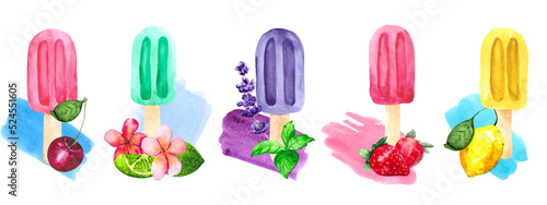 An appetizing collection of fruit ice cream decorated with lime  cherry  strawberry  lavender and mint. Watercolor drawing by hand for decorating postcards  menus and posters about food.