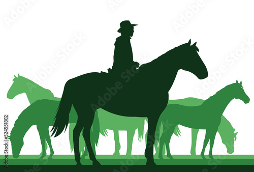 Shepherd grazes horses in pasture. Picture silhouette. Farm pets. Animals domestic traditional. Isolated on white background. Vector