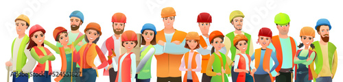 Man, woman and kids builder in vest and protective helmet. Cheerful person. Standing pose. Cartoon comic style flat design. Single character. Illustration isolated on white background. Vector