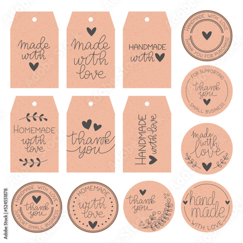 Made with love, thank you hand drawn labels. Lettering with heart symbol.