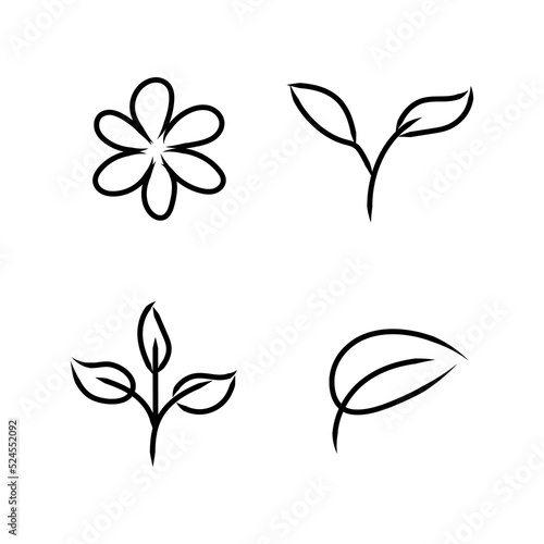 hand drawn eco set of black line leaf icons on white background doodle