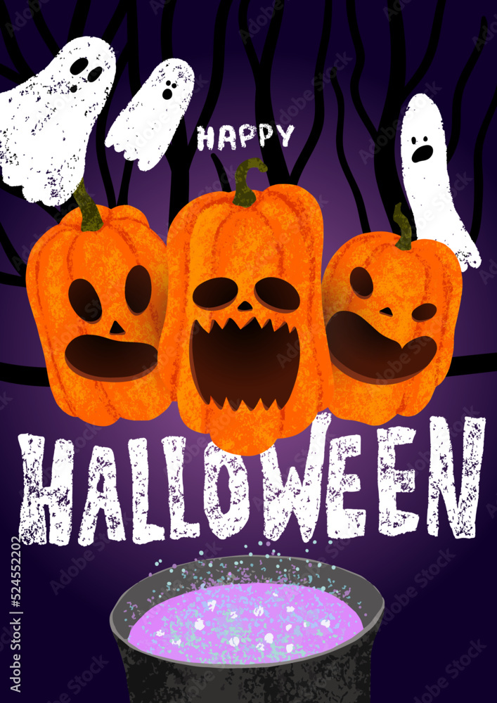 Happy Halloween poster with pumpkins, cauldron with poison, dark forest, ghost. Chalk lettering Happy Halloween poster with pumpkins, cauldron with poison, dark forest, ghost. Chalk lettering