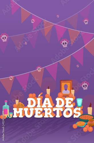 Vector fondo vertical con texto "día de muertos" decorado con elementos de la ofrenda maya de la celebración mexicana.	