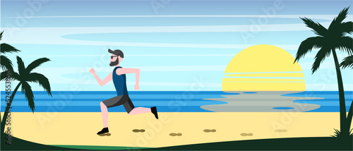 Illustration of a man exercising and running on the beach with a sunset in the background. 