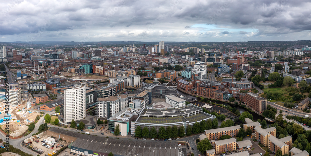 Aerial view of Leeds Dock and Robert’s Wharf in a Leeds cityscape skyline