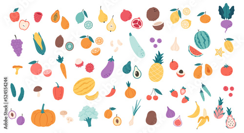 Big set of fruits, vegetables, berries, mushrooms, beans, tropical and exotic fruits. Healthy food, dietetics products, fresh vitamin grocery products. Hand drawn vector illustration