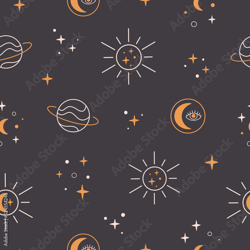Seamless pattern with astrological, astronomical, magician and spiritual elements. Sun, planets, moon, stars, space. Vector illustration