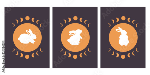 Cute rabbit with astrology and esoteric elements. Magician bunny. Year of the Rabbit 2023. Hand drawn vector illustration