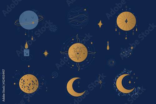 Magic collection with lunar symbols, cosmic elements and graceful shapes. Sun, moon, planet, candle. Mystical elegant collection of cosmic elements. 