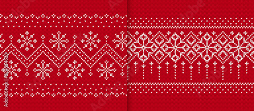 Two Xmas winter geometric textures. Christmas print. Holiday fair isle traditional ornament. Knit seamless pattern. Knitted sweater background. Wool red pullover. Festive crochet. Vector illustration.