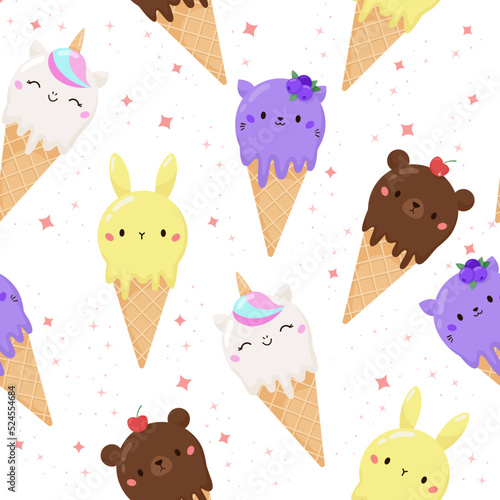 Kawaii seamless pattern with cute animal shaped ice cream. Chocolate, lemon, blueberry, bubble gum flavor. Cartoon food. Vector illustration.